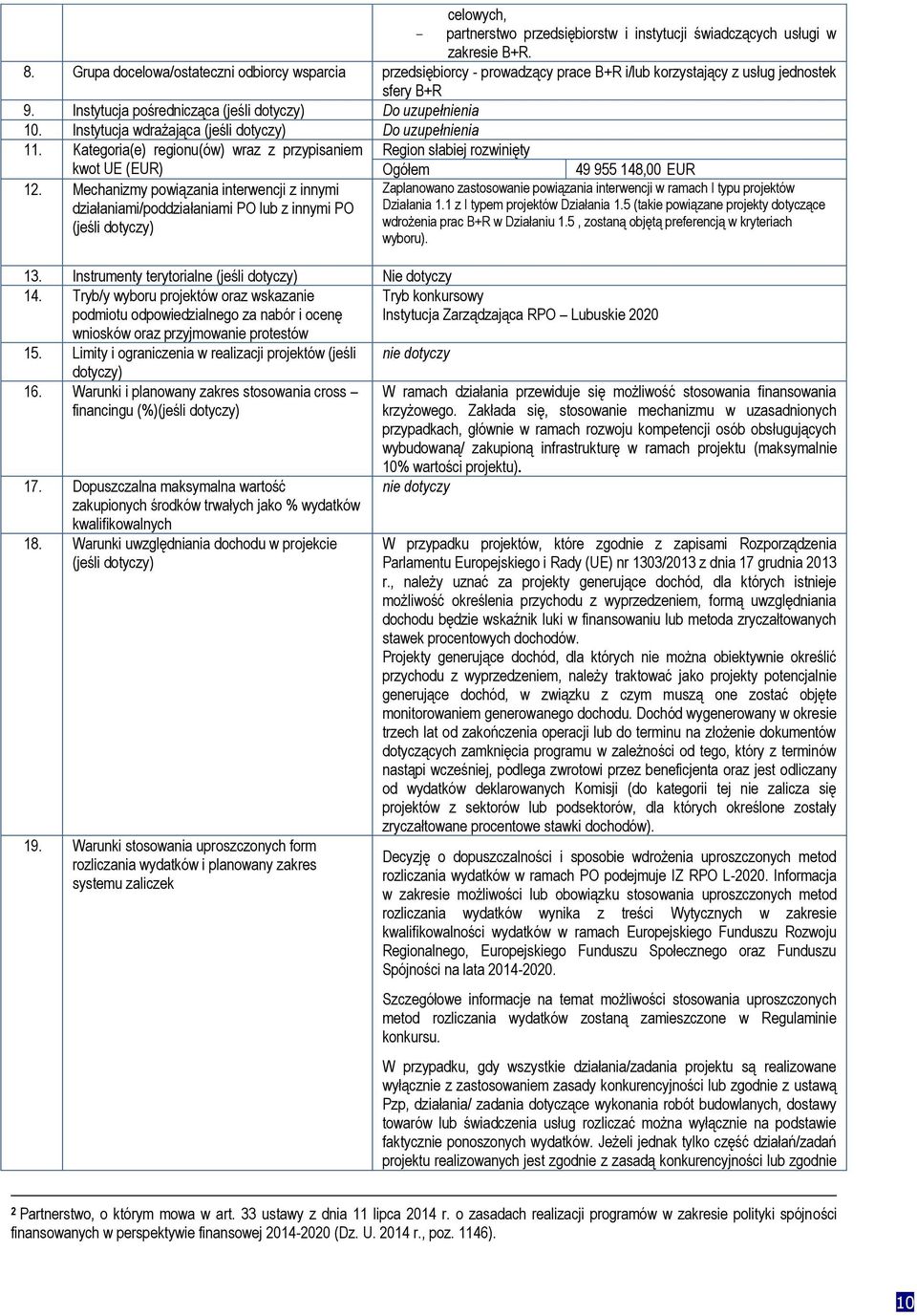 Instytucja wdrażająca Do uzupełnienia 11. Kategoria(e) regionu(ów) wraz z przypisaniem Region słabiej rozwinięty kwot UE (EUR) Ogółem 49 955 148,00 EUR 12.