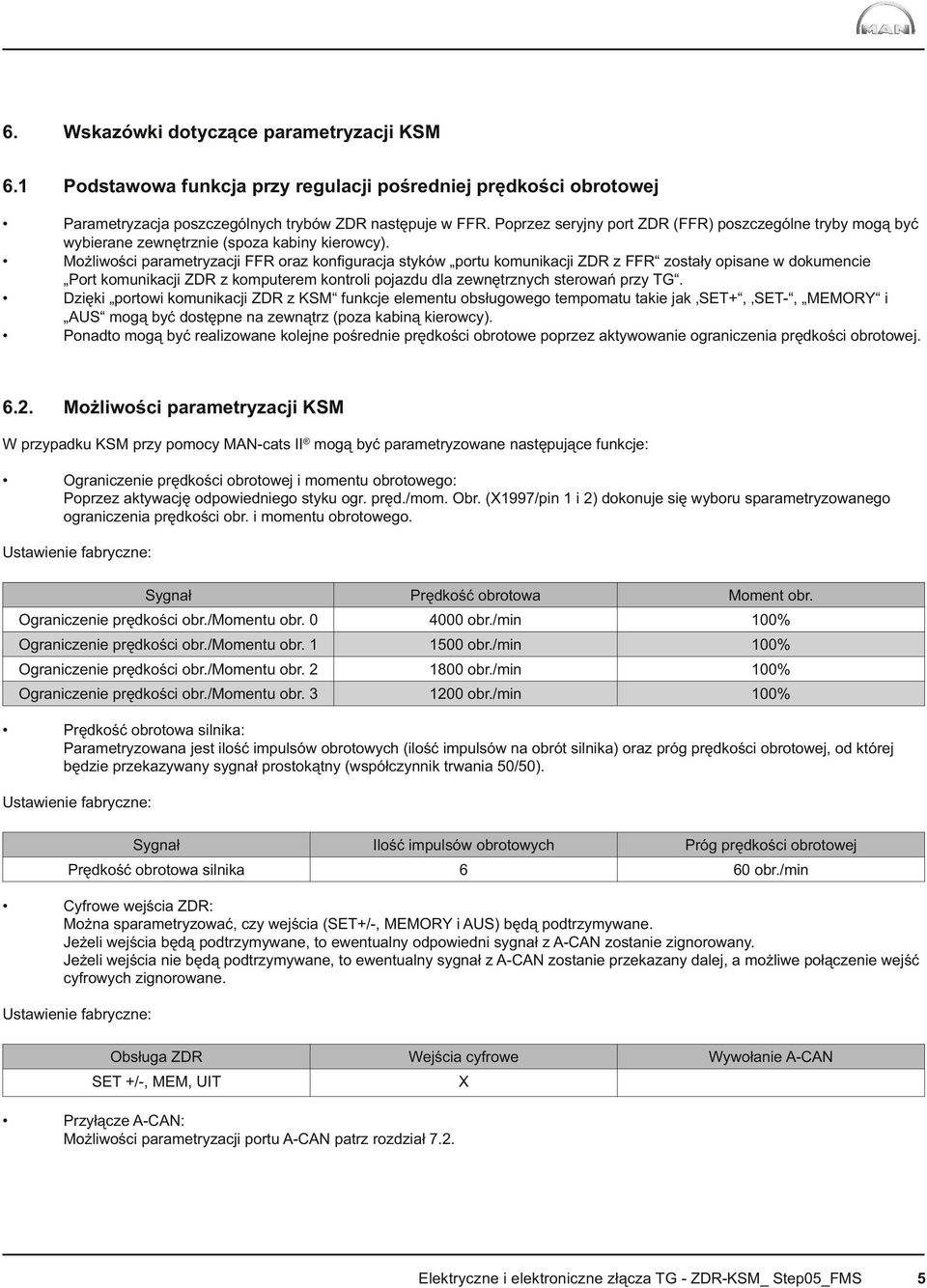 Możliwości parametryzacji FFR oraz konfi guracja styków portu komunikacji ZDR z FFR zostały opisane w dokumencie Port komunikacji ZDR z komputerem kontroli pojazdu dla zewnętrznych sterowań przy TG.