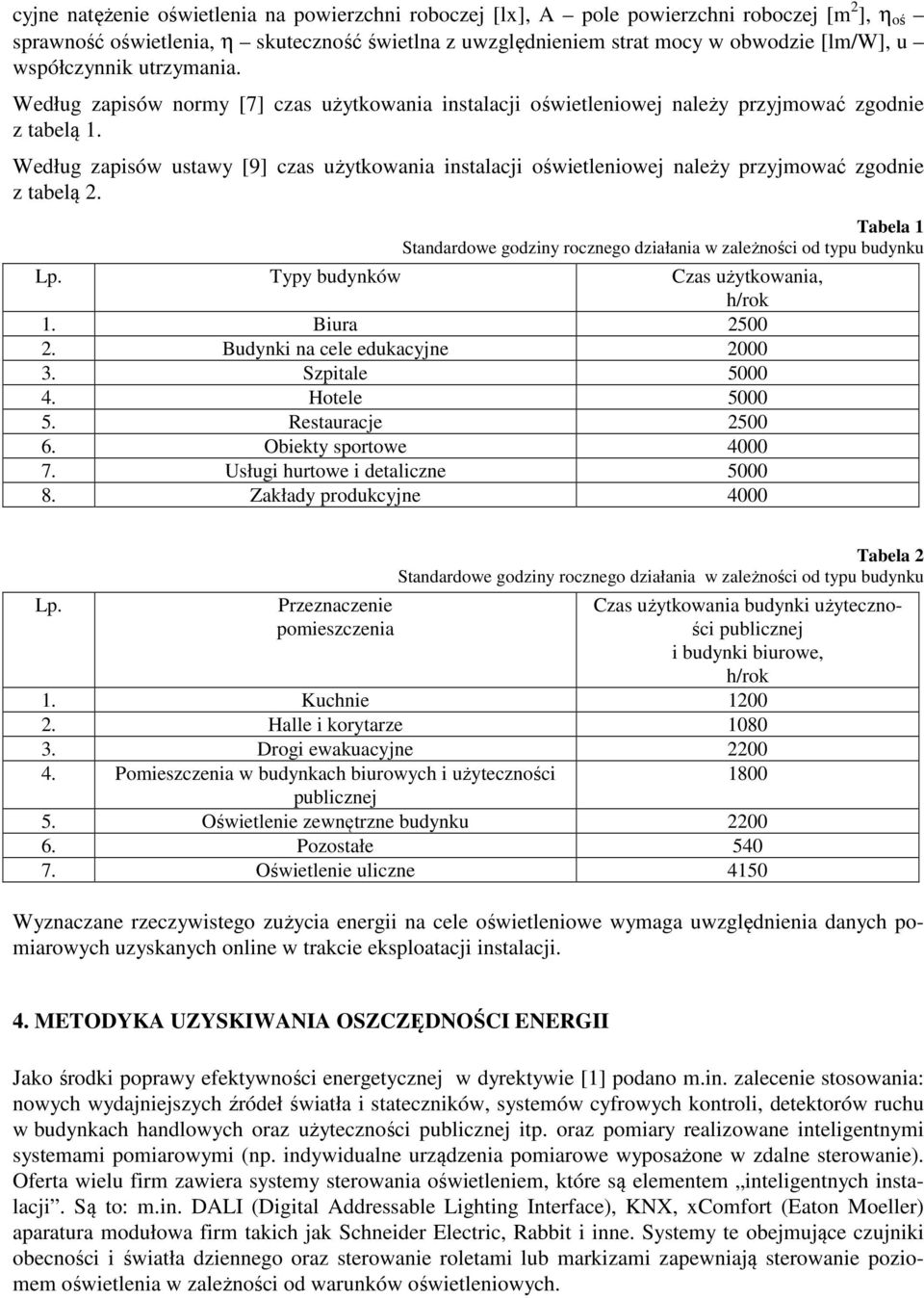 Według zapisów ustawy [9] czas użytkowania instalacji oświetleniowej należy przyjmować zgodnie z tabelą 2. Tabela 1 Standardowe godziny rocznego działania w zależności od typu budynku Lp.