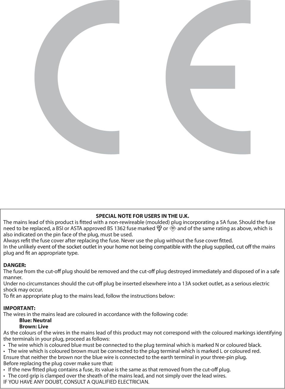 Always re t the fuse cover after replacing the fuse. Never use the plug without the fuse cover tted. In the unlikely ev the mains plug and t an appropriate type.