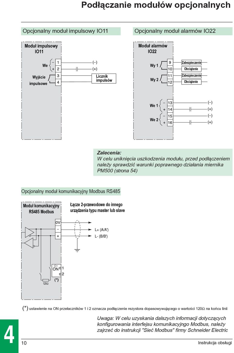 Opcjonalny modu³ komunikacyjny Modbus RS485 Modu³ komunikacyjny RS485 Modbus ¹cze 2-przewodowe do innego urz¹dzenia typu master lub slave 120Ω (*) ustawienie na ON prze³aczników 1 i 2 oznacza