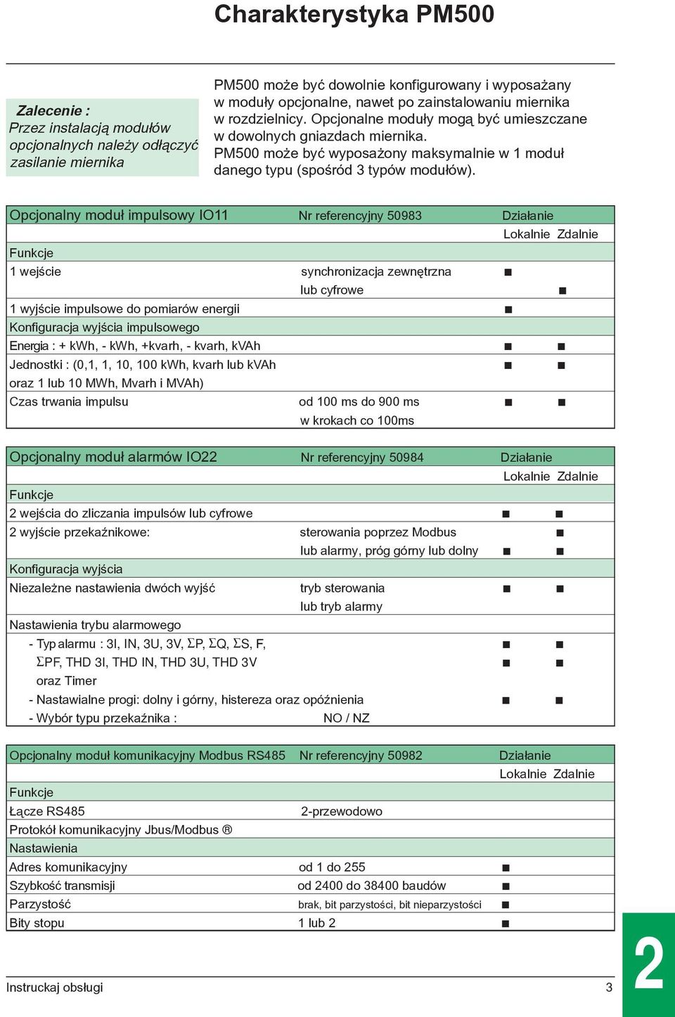 Opcjonalny modu³ impulsowy IO11 Nr referencyjny 50983 Dzia³anie Lokalnie Zdalnie Funkcje 1 wejœcie synchronizacja zewnêtrzna c lub cyfrowe c 1 wyjœcie impulsowe do pomiarów energii c Konfiguracja
