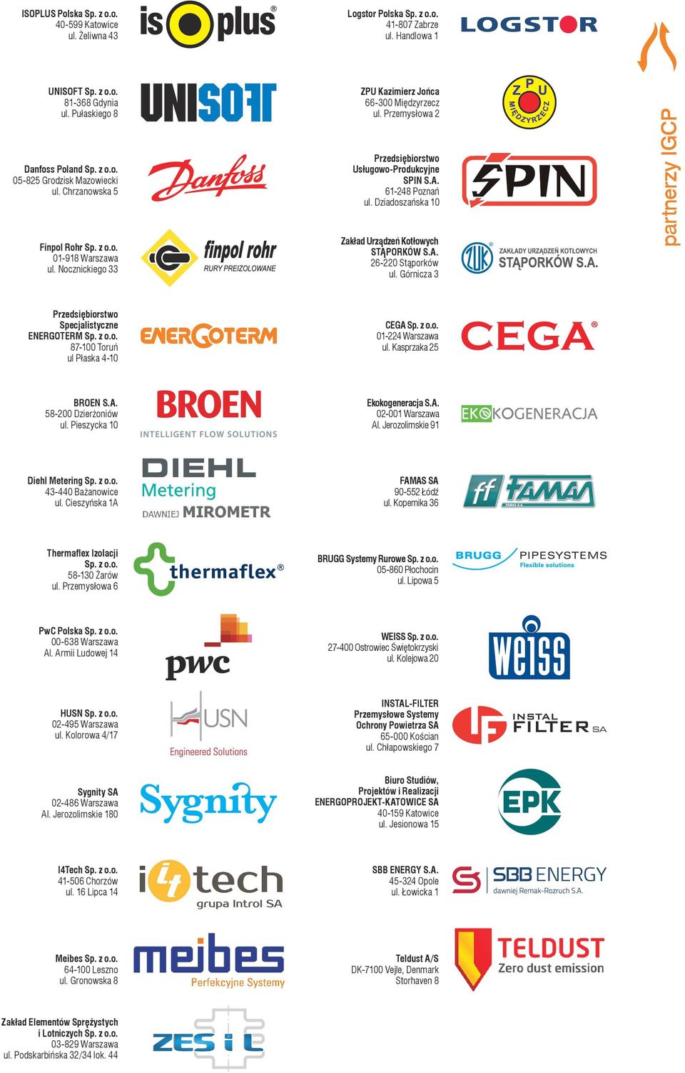 Dziadoszańska 10 Zakład Urządzeń Kotłowych STĄPORKÓW S.A. 26-220 Stąporków ul. Górnicza 3 partnerzy IGCP Przedsiębiorstwo Specjalistyczne ENERGOTERM Sp. z o.o. 87-100 Toruń ul Płaska 4-10 CEGA Sp.
