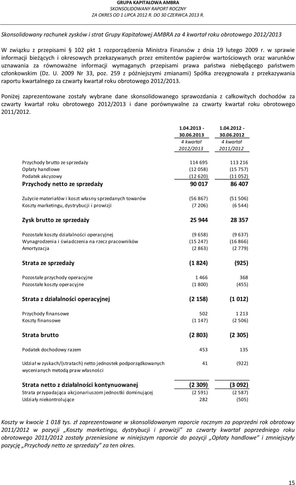 państwem członkowskim (Dz. U. 2009 Nr 33, poz. 259 z późniejszymi zmianami) Spółka zrezygnowała z przekazywania raportu kwartalnego za czwarty kwartał roku obrotowego 2012/2013.