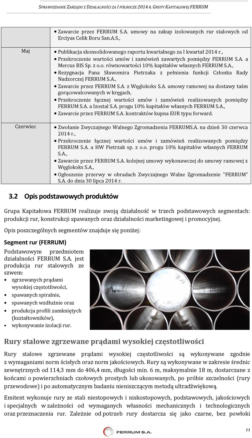 A. umowy ramowej na dostawy taśm gorącowalcowanych w kręgach, Przekroczenie łącznej wartości umów i zamówień realizowanych pomiędzy FERRUM S.A. a Izostal S.A. progu 10% kapitałów własnych FERRUM S.A., Zawarcie przez FERRUM S.