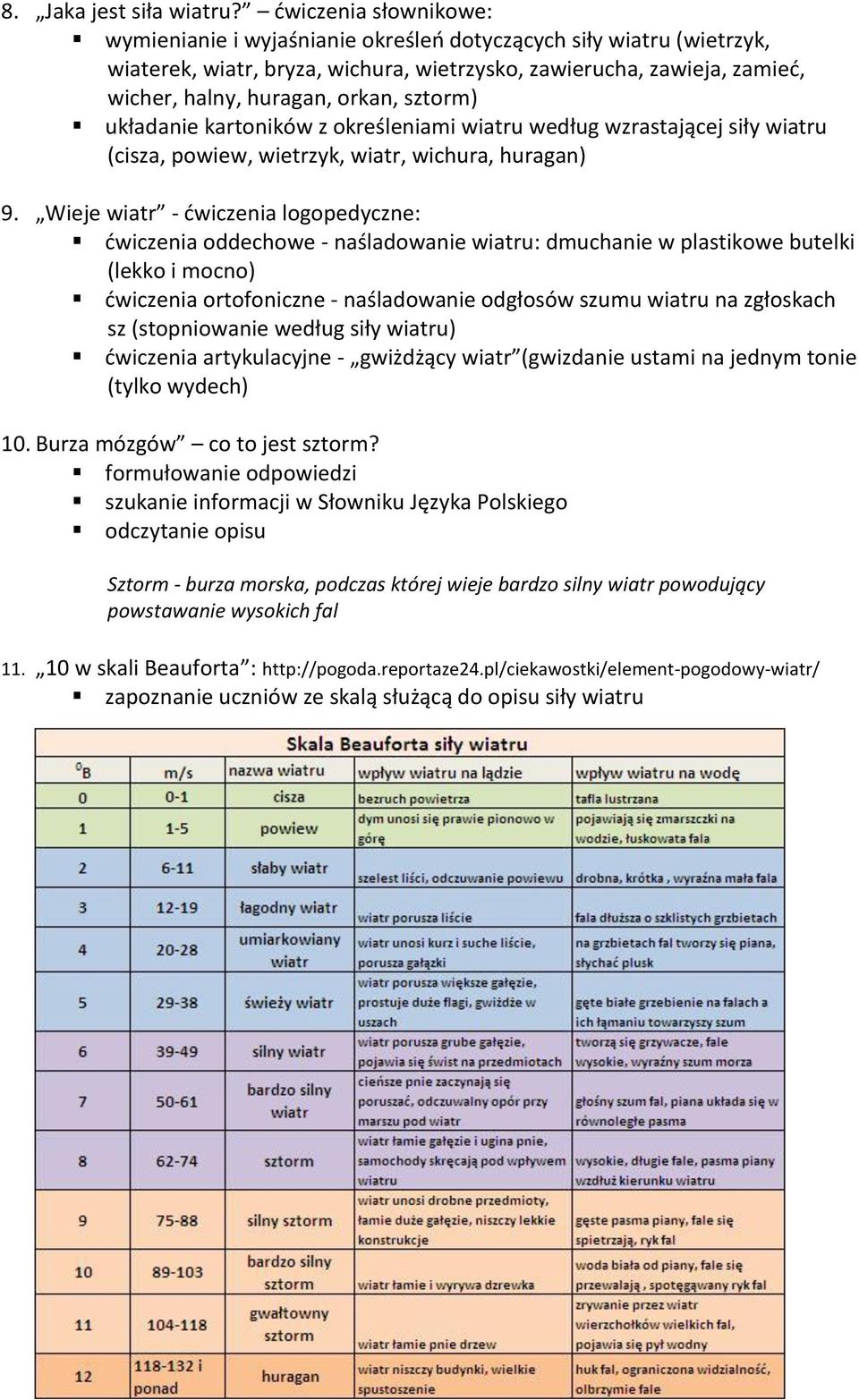 sztorm) układanie kartoników z określeniami wiatru według wzrastającej siły wiatru (cisza, powiew, wietrzyk, wiatr, wichura, huragan) 9.