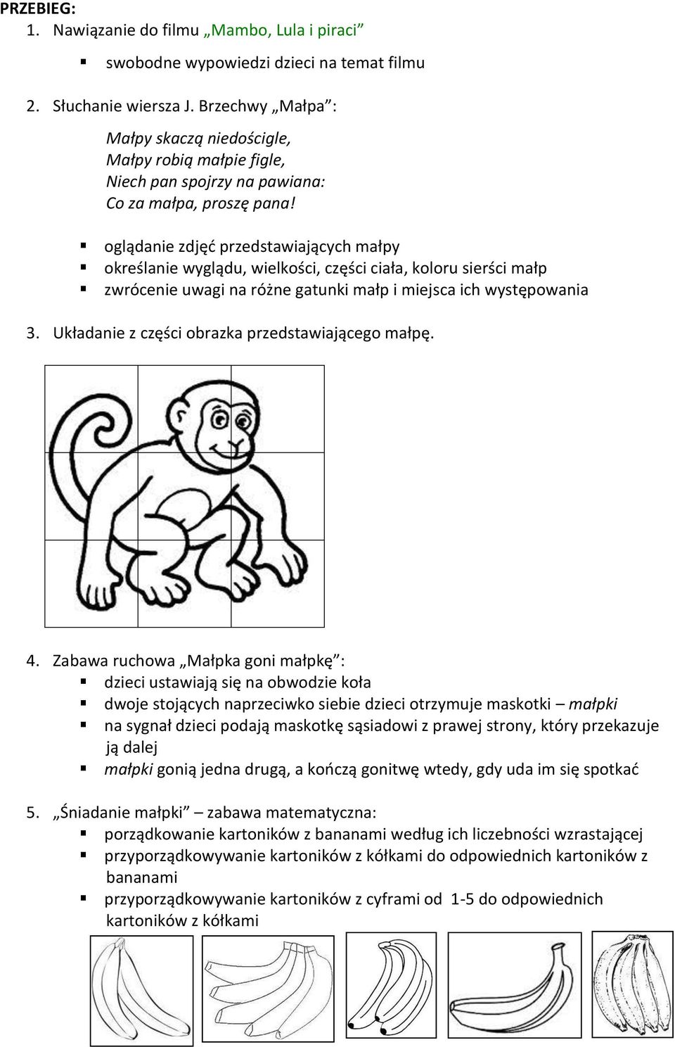 oglądanie zdjęć przedstawiających małpy określanie wyglądu, wielkości, części ciała, koloru sierści małp zwrócenie uwagi na różne gatunki małp i miejsca ich występowania 3.