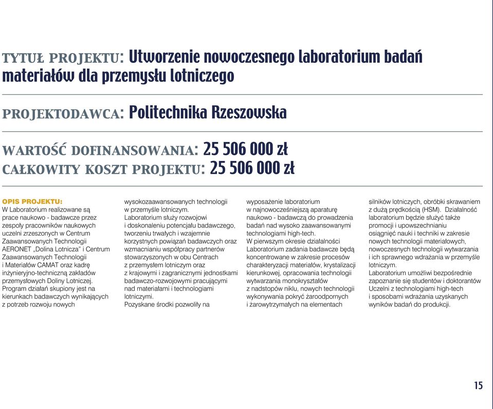 Lotnicza i Centrum Zaawansowanych Technologii i Materiałów CAMAT oraz kadrę inżynieryjno-techniczną zakładów przemysłowych Doliny Lotniczej.