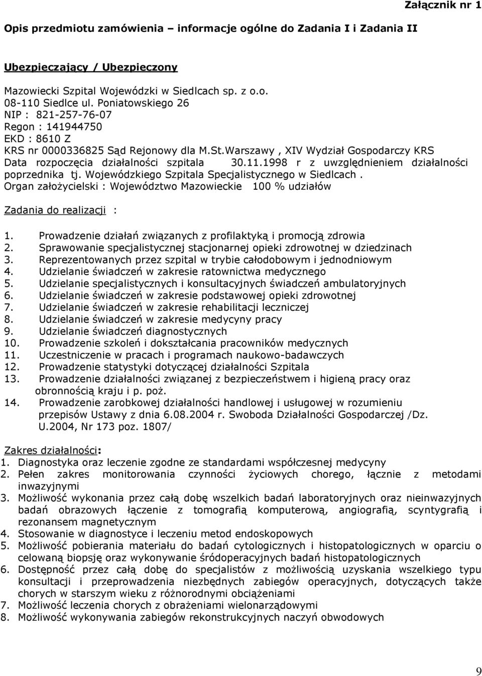 1998 r z uwzględnieniem działalności poprzednika tj. Wojewódzkiego Szpitala Specjalistycznego w Siedlcach. Organ założycielski : Województwo Mazowieckie 100 % udziałów Zadania do realizacji : 1.