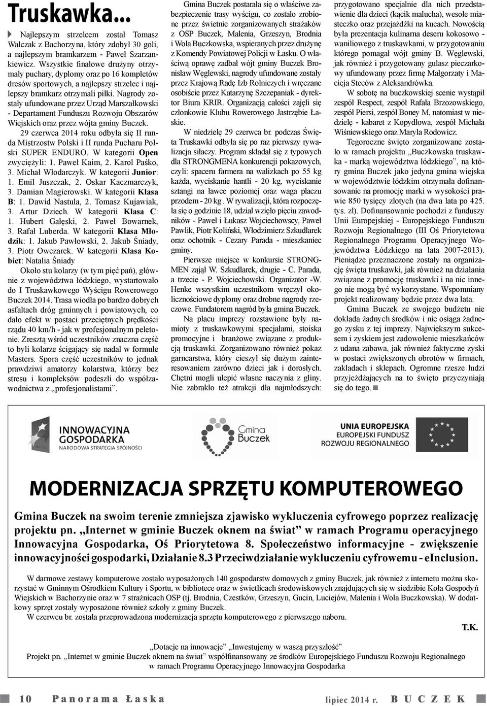 Nagrody zostały ufundowane przez Urząd Marszałkowski - Departament Funduszu Rozwoju Obszarów Wiejskich oraz przez wójta gminy Buczek.