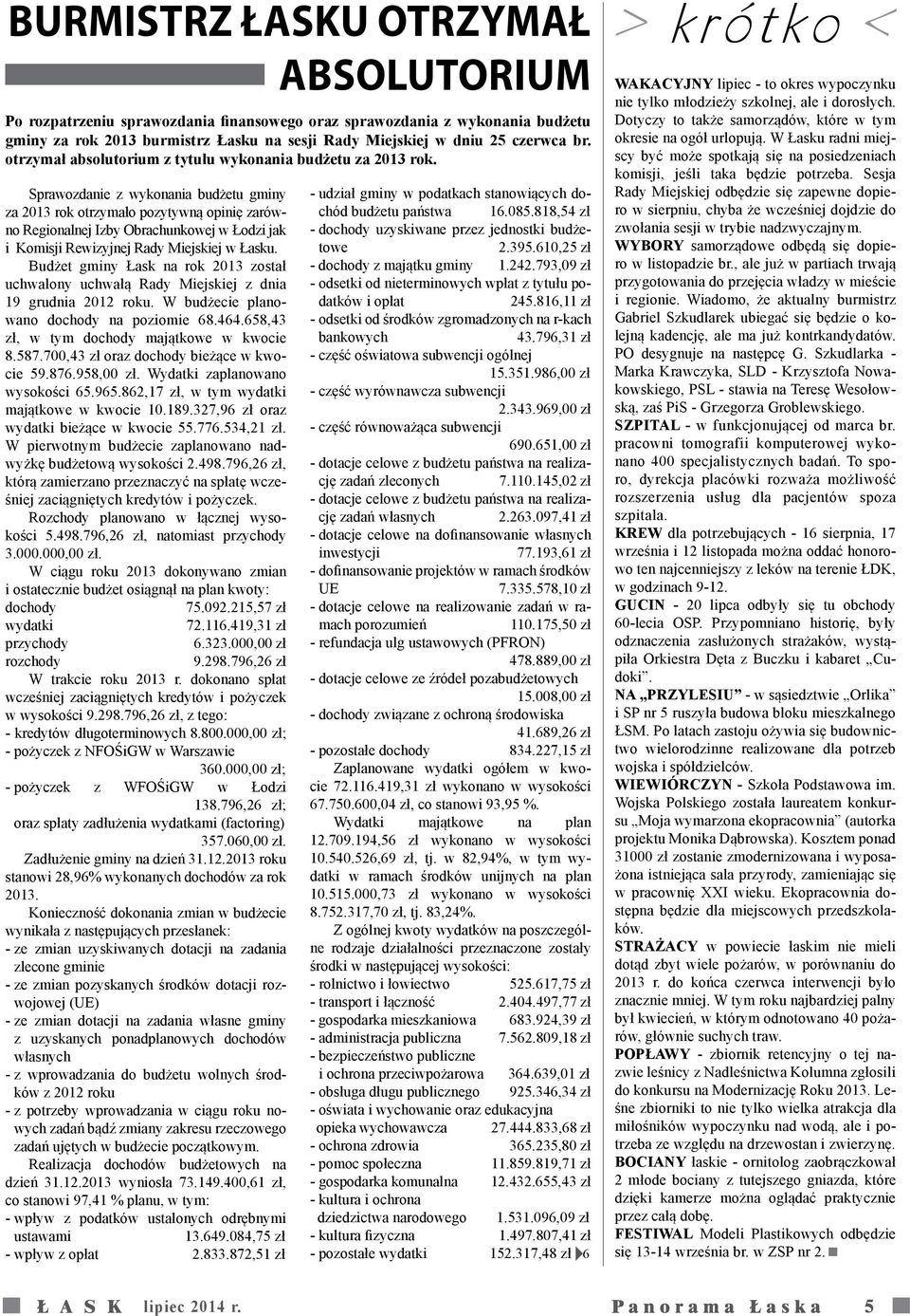 Sprawozdanie z wykonania budżetu gminy za 2013 rok otrzymało pozytywną opinię zarówno Regionalnej Izby Obrachunkowej w Łodzi jak i Komisji Rewizyjnej Rady Miejskiej w Łasku.