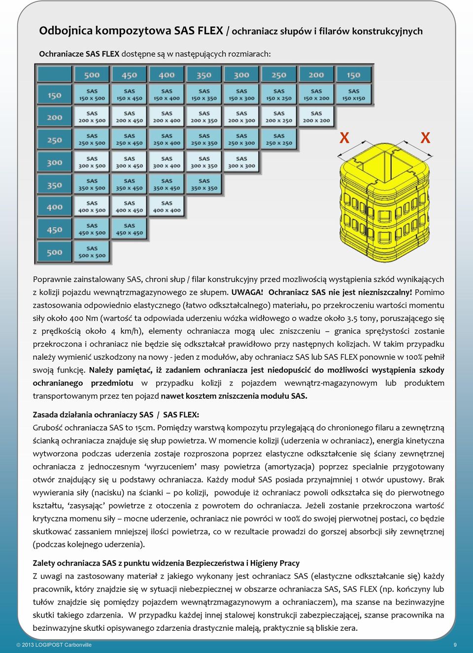 Pomimo zastosowania odpowiednio elastycznego (łatwo odkształcalnego) materiału, po przekroczeniu wartości momentu siły około 400 Nm (wartość ta odpowiada uderzeniu wózka widłowego o wadze około 3.