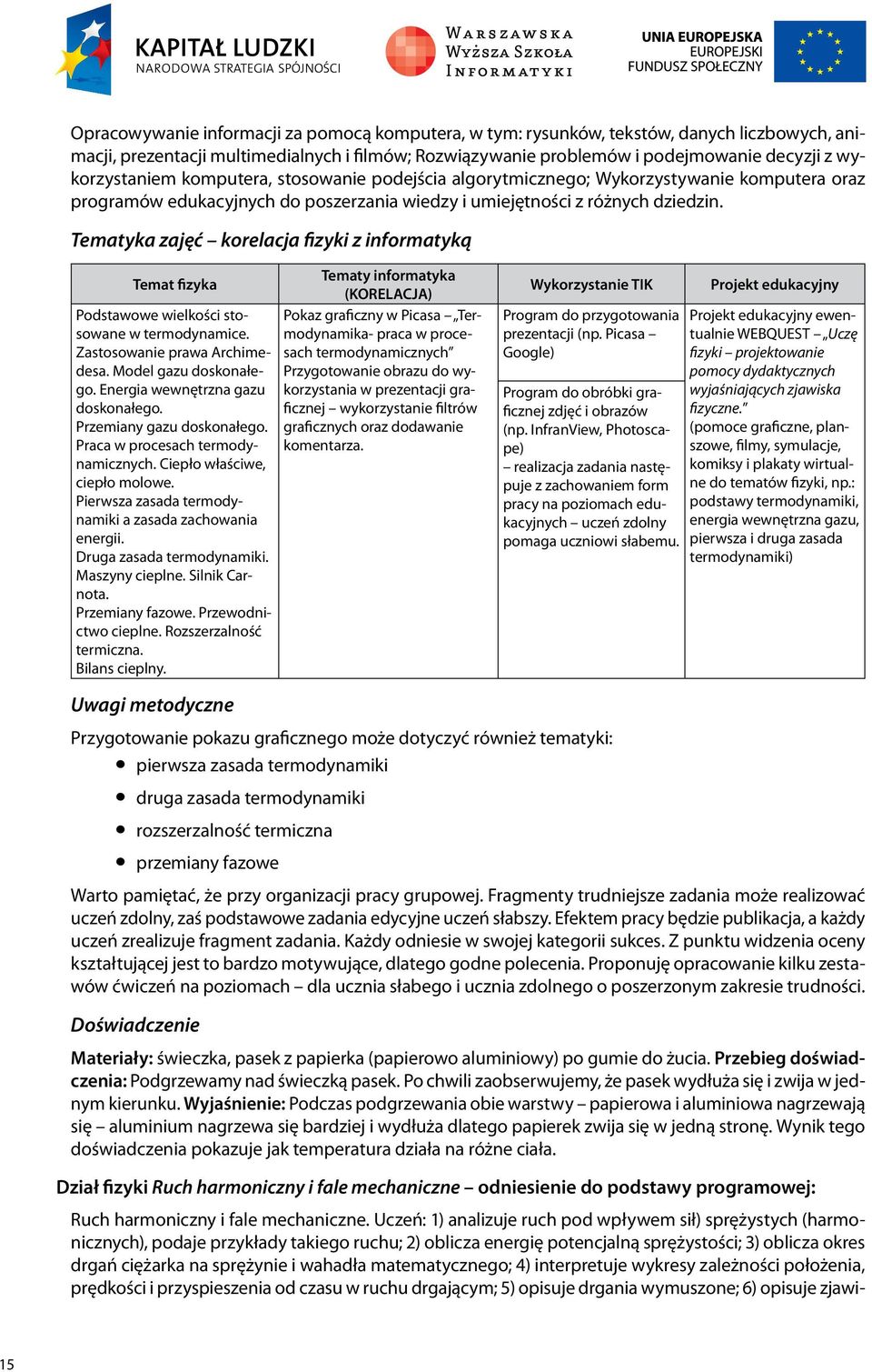 Tematyka zajęć korelacja fizyki z informatyką Podstawowe wielkości stosowane w termodynamice. Zastosowanie prawa Archimedesa. Model gazu doskonałego. Energia wewnętrzna gazu doskonałego.