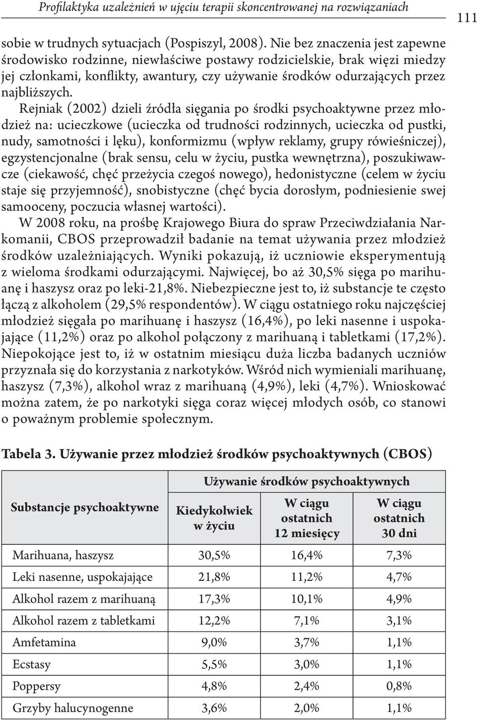 Rejniak (2002) dzieli źródła sięgania po środki psychoaktywne przez młodzież na: ucieczkowe (ucieczka od trudności rodzinnych, ucieczka od pustki, nudy, samotności i lęku), konformizmu (wpływ