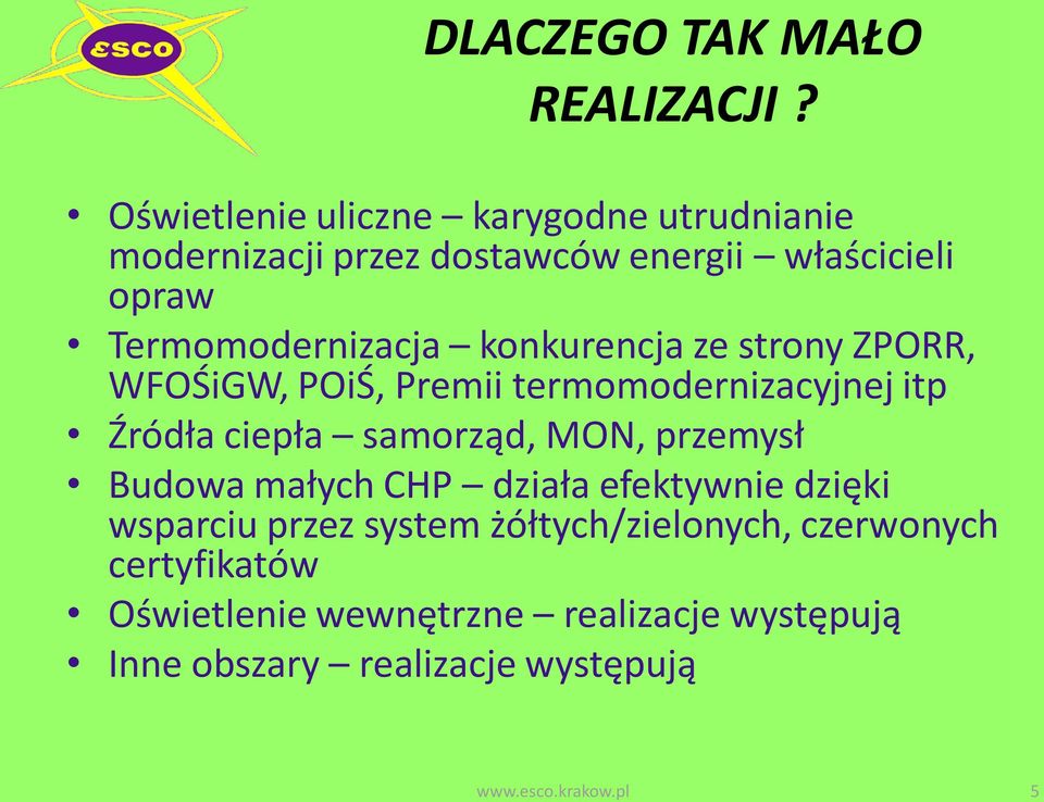 konkurencja ze strony ZPORR, WFOŚiGW, POiŚ, Premii termomodernizacyjnej itp Źródła ciepła samorząd, MON, przemysł