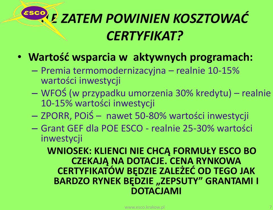 umorzenia 30% kredytu) realnie 10-15% wartości inwestycji ZPORR, POiŚ nawet 50-80% wartości inwestycji Grant GEF dla POE ESCO -