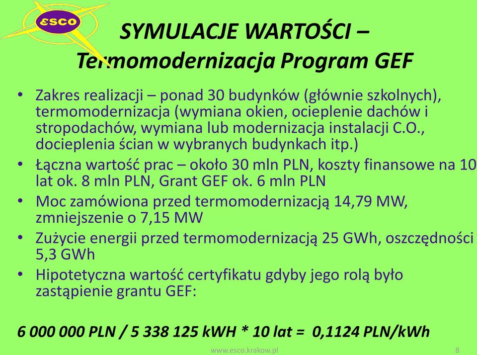 ) Łączna wartośd prac około 30 mln PLN, koszty finansowe na 10 lat ok. 8 mln PLN, Grant GEF ok.