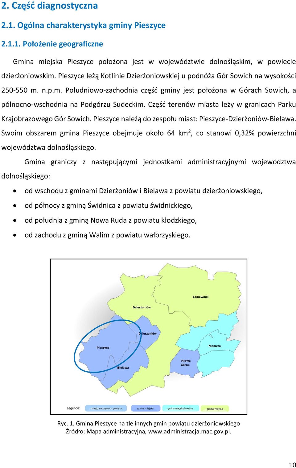 Część terenów miasta leży w granicach Parku Krajobrazowego Gór Sowich. Pieszyce należą do zespołu miast: Pieszyce-Dzierżoniów-Bielawa.