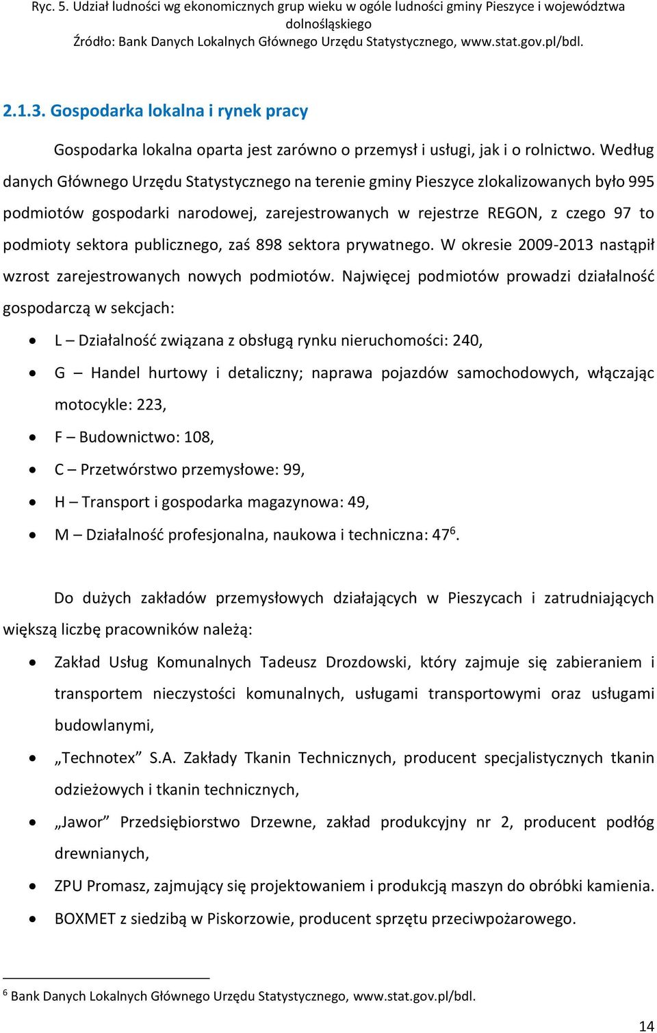 Według danych Głównego Urzędu Statystycznego na terenie gminy Pieszyce zlokalizowanych było 995 podmiotów gospodarki narodowej, zarejestrowanych w rejestrze REGON, z czego 97 to podmioty sektora