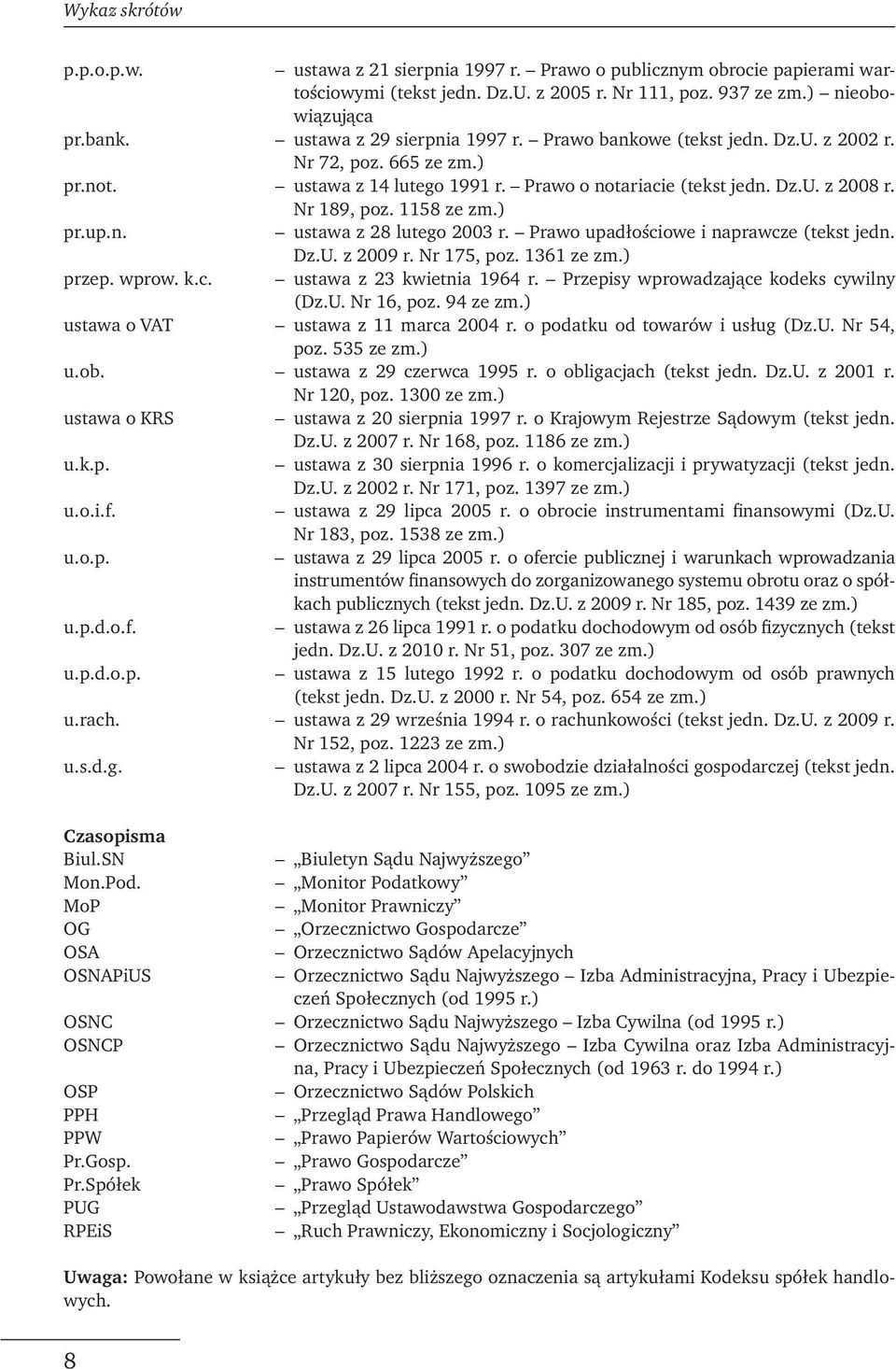 1158 ze zm.) pr.up.n. ustawa z 28 lutego 2003 r. Prawo upadłościowe i naprawcze (tekst jedn. Dz.U. z 2009 r. Nr 175, poz. 1361 ze zm.) przep. wprow. k.c. ustawa z 23 kwietnia 1964 r.