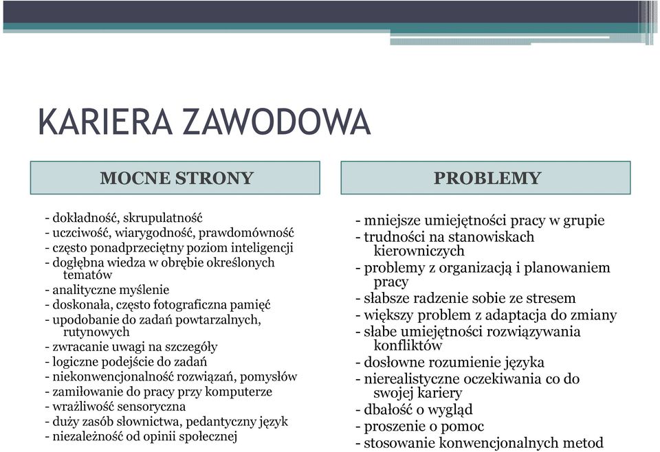 niekonwencjonalność rozwiązań, pomysłów - zamiłowanie do pracy przy komputerze - wrażliwość sensoryczna - duży zasób słownictwa, pedantyczny język - niezależność od opinii społecznej - mniejsze