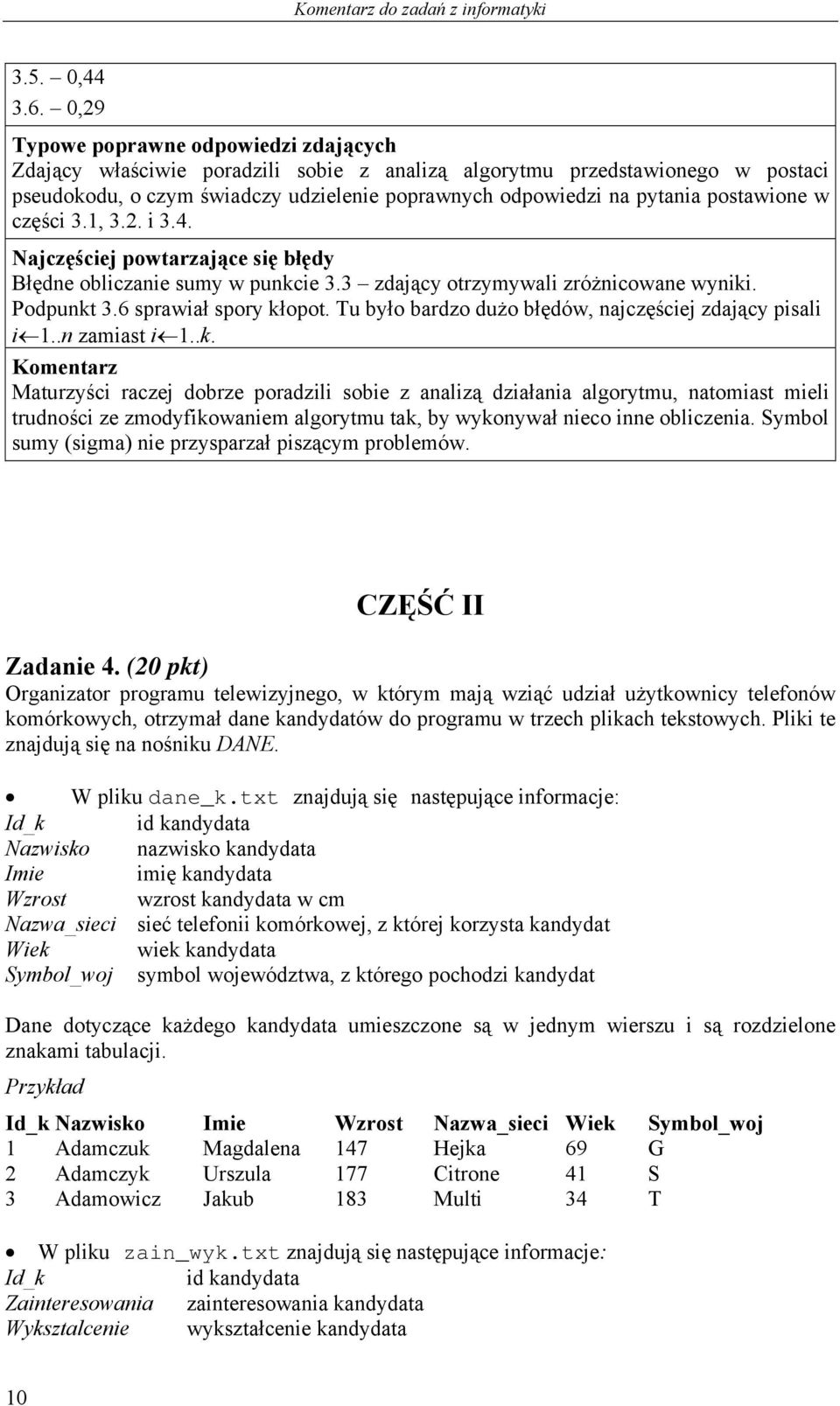 postawione w części 3.1, 3.2. i 3.4. Najczęściej powtarzające się błędy Błędne obliczanie sumy w punkcie 3.3 zdający otrzymywali zróżnicowane wyniki. Podpunkt 3.6 sprawiał spory kłopot.