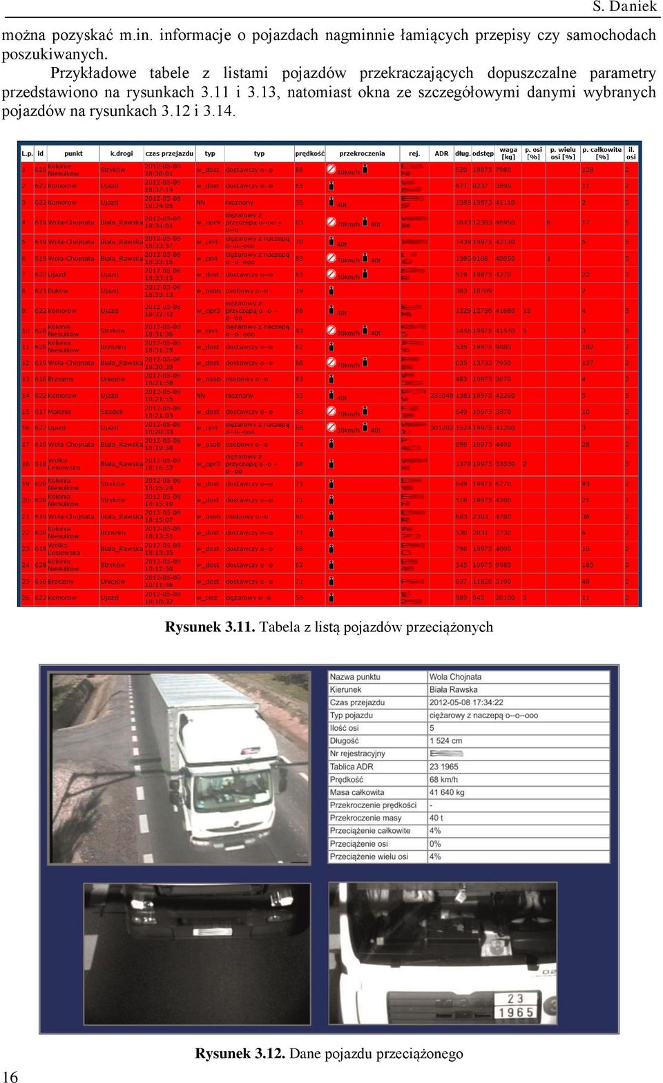 Przykładowe tabele z listami pojazdów przekraczających dopuszczalne parametry przedstawiono na