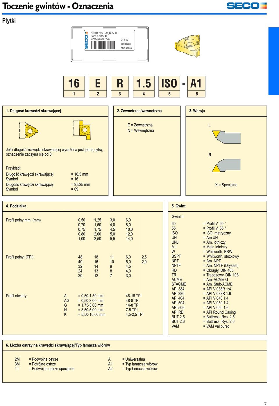 R Przykład: Długość krawędzi skrawającej Symbol Długość krawędzi skrawającej Symbol = 16,5 mm = 16 = 9,525 mm = 09 X = Specjalne 4. Podziałka 5.