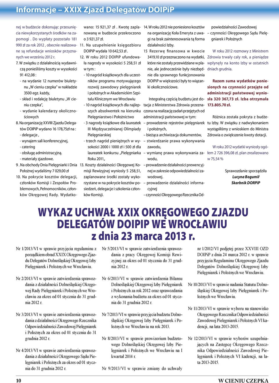 W związku z działalnością wydawniczą ponieśliśmy koszty w wysokości 91 412,08 : - na wydanie 12 numerów biuletynu W cieniu czepka w nakładzie 3500 egz.