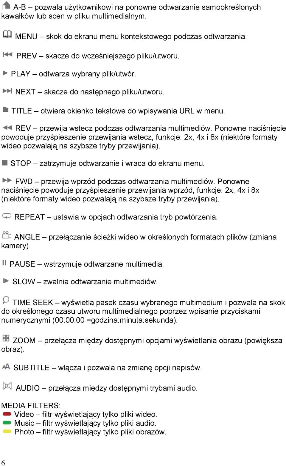 REV przewija wstecz podczas odtwarzania multimediów.