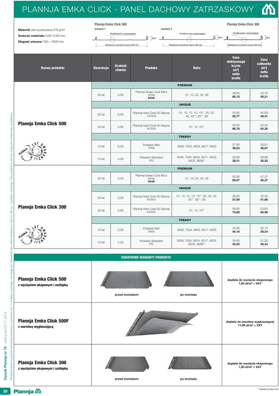 szerokość krycia 300 mm Kolor efektywnego krycia (m²) całkowita (m²) 01, 10, 22, 42, 56 48,90 60,15 45,70 56,21 Powłoka 30 lat 0,50 Plannja Green Coat Mica (GCM) 20 UNIQUE Plannja Emka Click 500 30