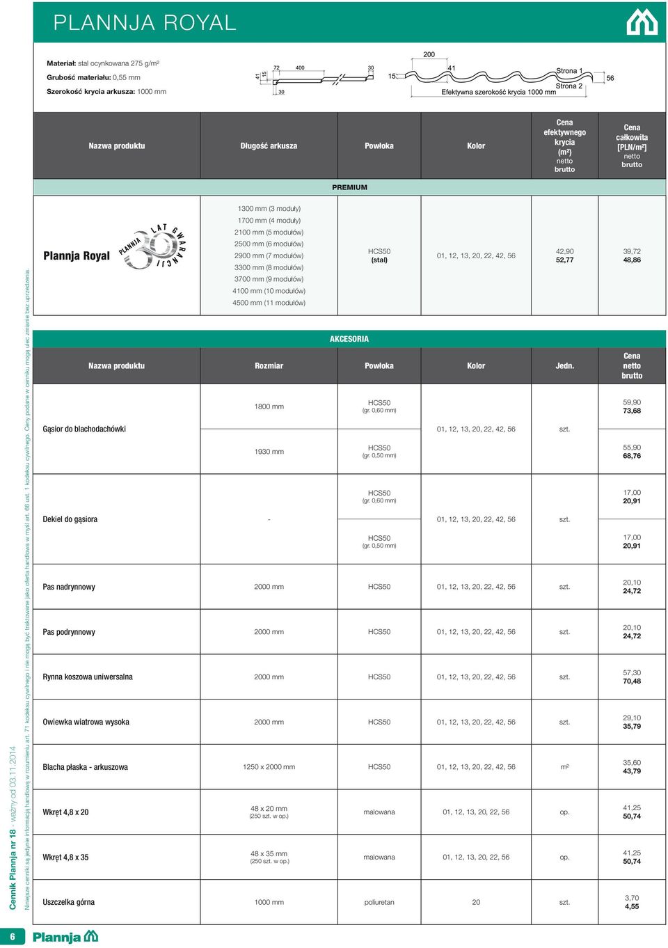 modułów) Akcesoria (stal) 01, 12, 13, 20, 22, 42, 56 Rozmiar Powłoka Kolor Jedn. 1800 mm 1930 mm Dekiel do gąsiora - (gr. 0,60 mm) (gr.