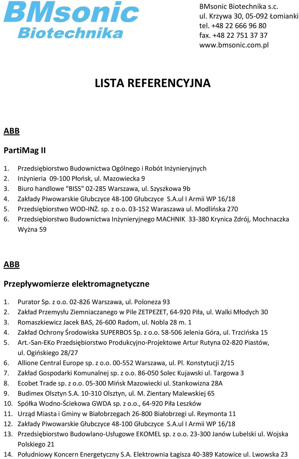 Zakłady Piwowarskie Głubczyce 48-100 Głubczyce S.A.ul I Armii WP 16/18 5. Przedsiębiorstwo WOD-INŻ. sp. z o.o. 03-152 Waraszawa ul. Modlińska 270 6.