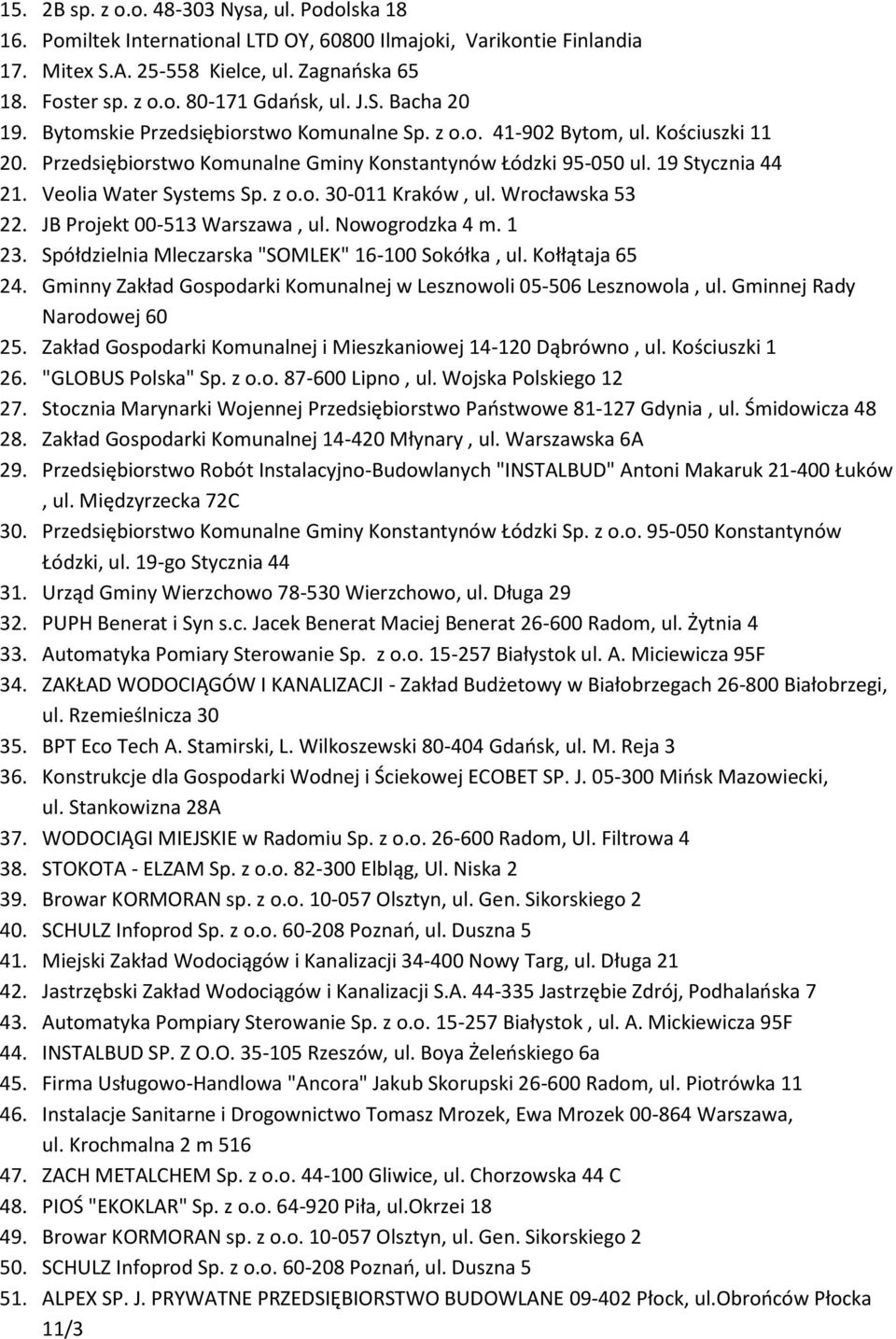 Veolia Water Systems Sp. z o.o. 30-011 Kraków, ul. Wrocławska 53 22. JB Projekt 00-513 Warszawa, ul. Nowogrodzka 4 m. 1 23. Spółdzielnia Mleczarska "SOMLEK" 16-100 Sokółka, ul. Kołłątaja 65 24.