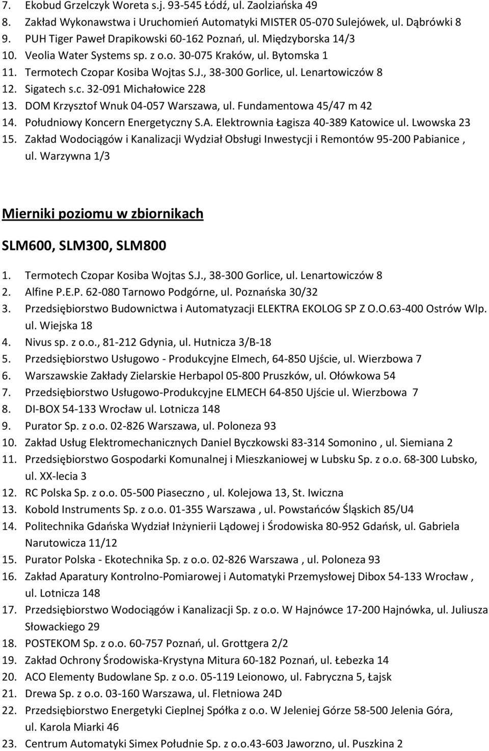 DOM Krzysztof Wnuk 04-057 Warszawa, ul. Fundamentowa 45/47 m 42 14. Południowy Koncern Energetyczny S.A. Elektrownia Łagisza 40-389 Katowice ul. Lwowska 23 15.