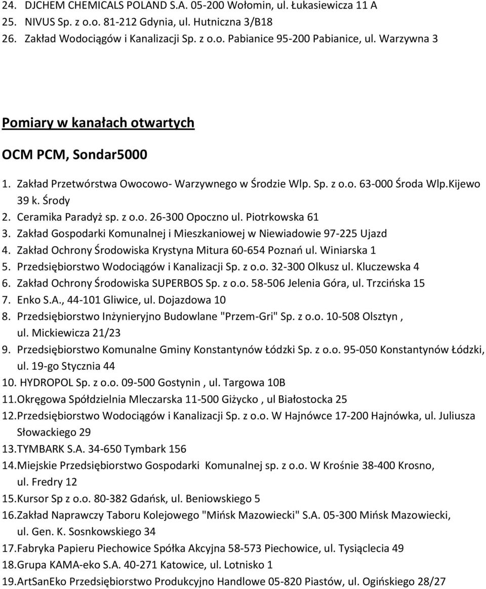 Piotrkowska 61 3. Zakład Gospodarki Komunalnej i Mieszkaniowej w Niewiadowie 97-225 Ujazd 4. Zakład Ochrony Środowiska Krystyna Mitura 60-654 Poznań ul. Winiarska 1 5.