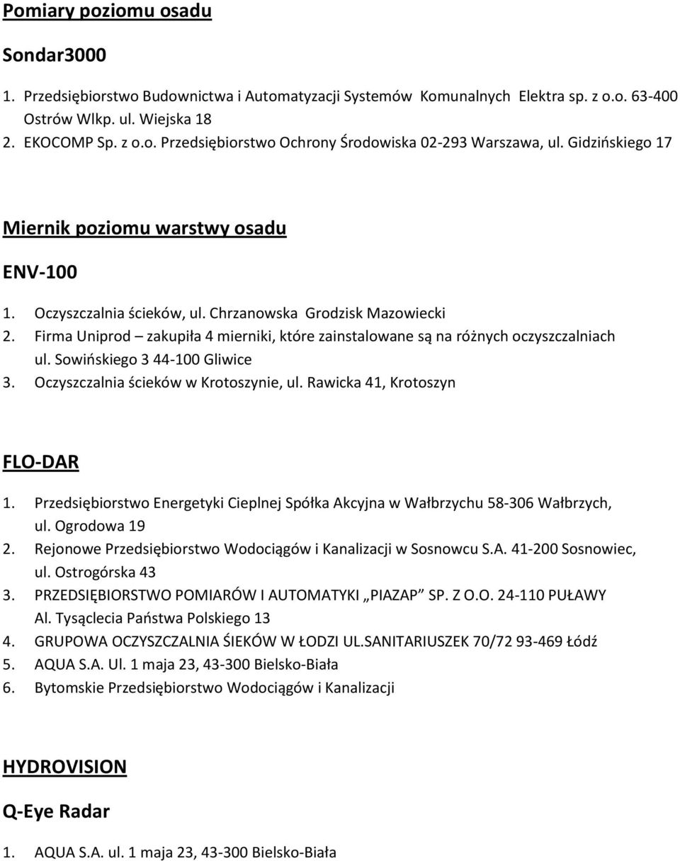 Firma Uniprod zakupiła 4 mierniki, które zainstalowane są na różnych oczyszczalniach ul. Sowińskiego 3 44-100 Gliwice 3. Oczyszczalnia ścieków w Krotoszynie, ul. Rawicka 41, Krotoszyn FLO-DAR 1.