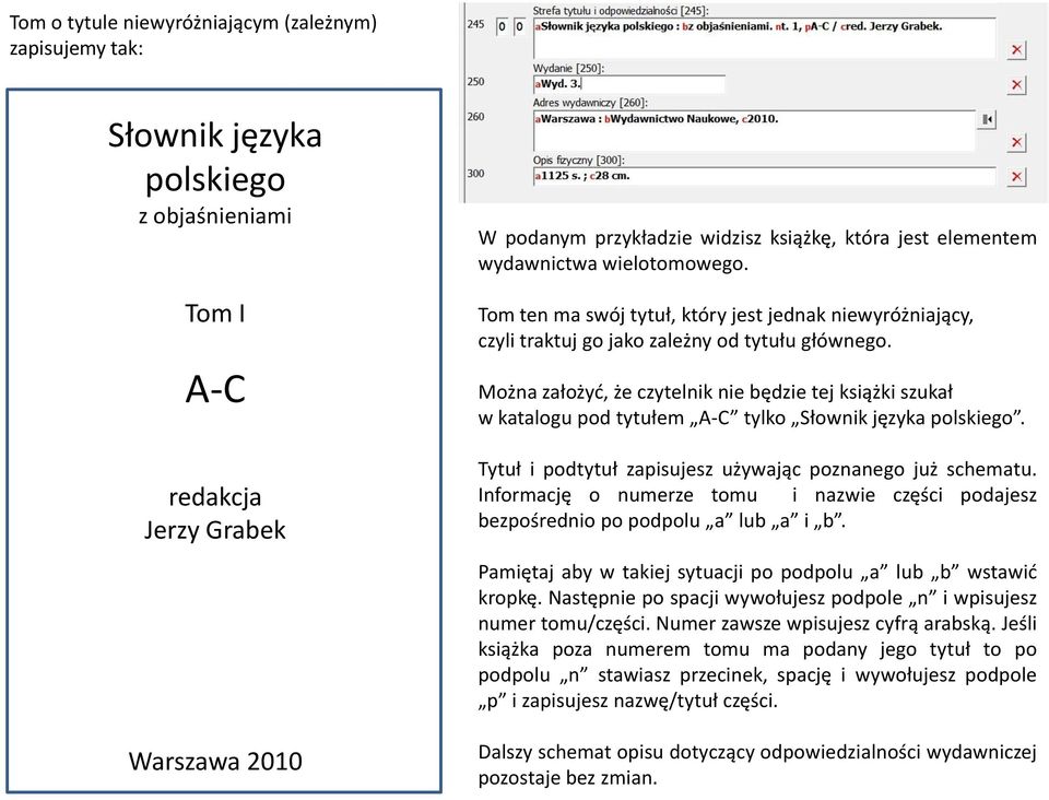 Można założyć, że czytelnik nie będzie tej książki szukał w katalogu pod tytułem A-C tylko Słownik języka polskiego. Tytuł i podtytuł zapisujesz używając poznanego już schematu.