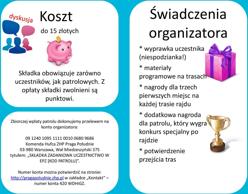 SKŁADKA ZADANIOWA UCZESTNICTWO W EPZ [KOD PATROLU]. Świadczenia organizatora * wyprawka uczestnika (niespodzianka!