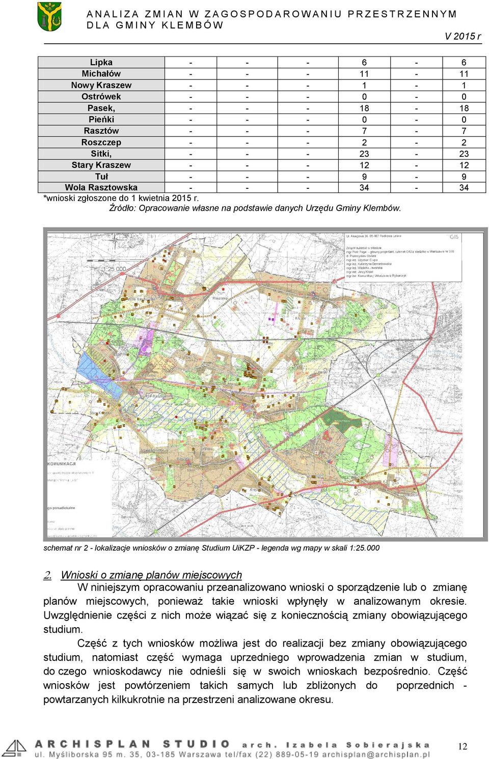 schemat nr 2 - lokalizacje wniosków o zmianę Studium UiKZP - legenda wg mapy w skali 1:25.