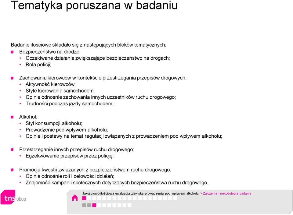 podczas jazdy samochodem; Alkohol: Styl konsumpcji alkoholu; Prowadzenie pod wpływem alkoholu; Opinie i postawy na temat regulacji związanych z prowadzeniem pod wpływem alkoholu; Przestrzeganie