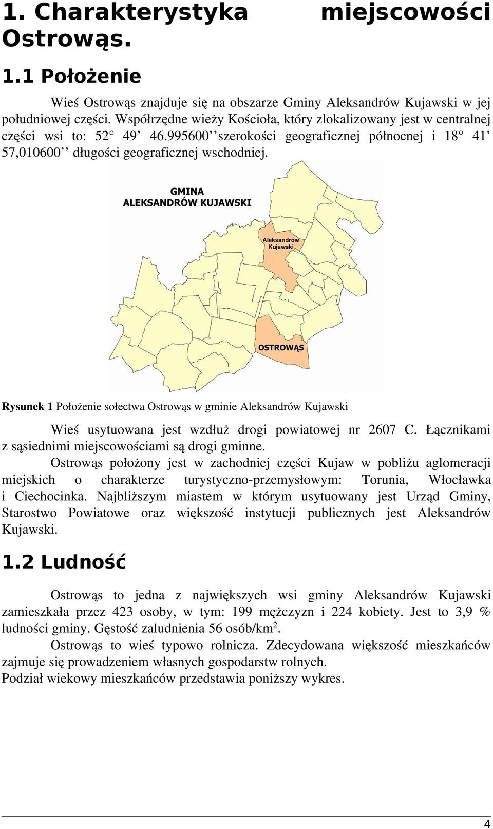 Rysunek 1 Położenie sołectwa Ostrowąs w gminie Aleksandrów Kujawski Wieś usytuowana jest wzdłuż drogi powiatowej nr 2607 C. Łącznikami z sąsiednimi ami są drogi gminne.