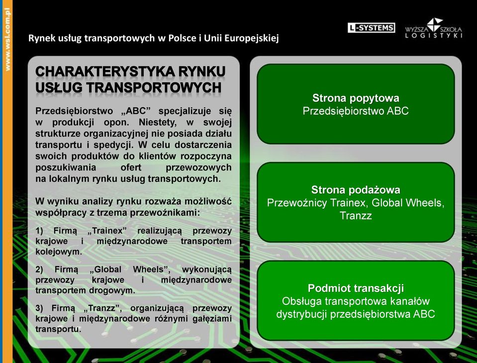 W wyniku analizy rynku rozważa możliwość współpracy z trzema przewoźnikami: 1) Firmą Trainex realizującą przewozy krajowe i międzynarodowe transportem kolejowym.