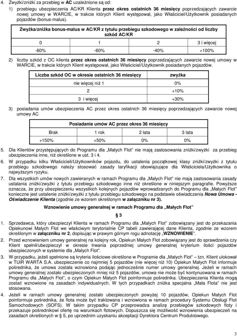 ZwyŜka/zniŜka bonus-malus w AC/KR z tytułu przebiegu szkodowego w zaleŝności od liczby szkód AC/KR 0 1 3 i więcej -6-6 -4 +10 ) liczby szkód z OC klienta przez okres ostatnich 36 miesięcy