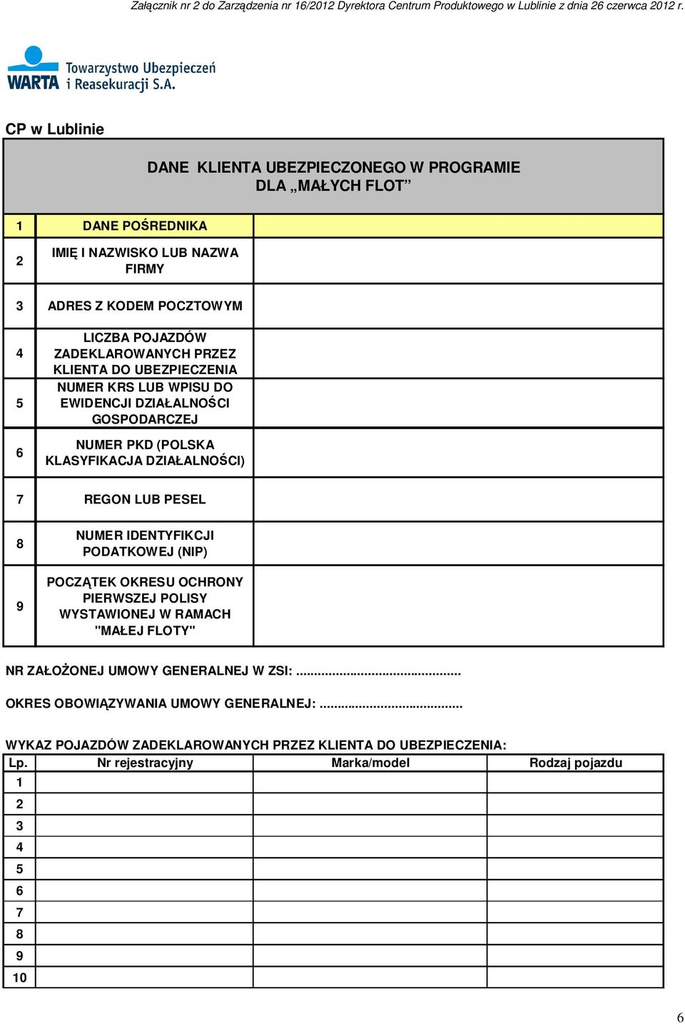 KLIENTA DO UBEZPIECZENIA NUMER KRS LUB WPISU DO EWIDENCJI DZIAŁALNOŚCI GOSPODARCZEJ NUMER PKD (POLSKA KLASYFIKACJA DZIAŁALNOŚCI) 7 REGON LUB PESEL 8 9 NUMER IDENTYFIKCJI PODATKOWEJ (NIP)