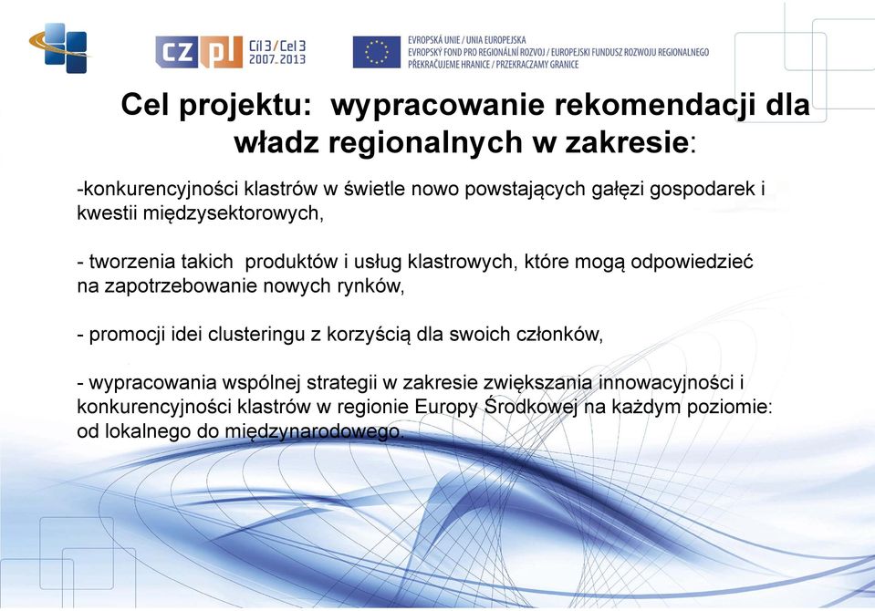 zapotrzebowanie nowych rynków, - promocji idei clusteringu z korzyścią dla swoich członków, - wypracowania wspólnej strategii w