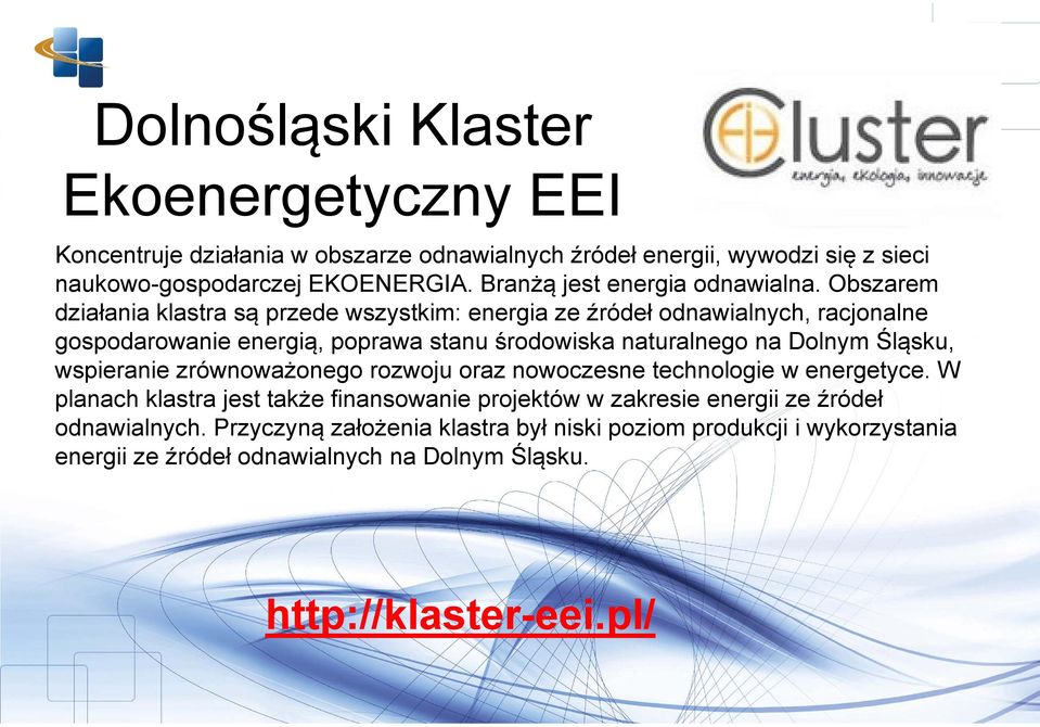 Obszarem działania klastra są przede wszystkim: energia ze źródeł odnawialnych, racjonalne gospodarowanie energią, poprawa stanu środowiska naturalnego na Dolnym