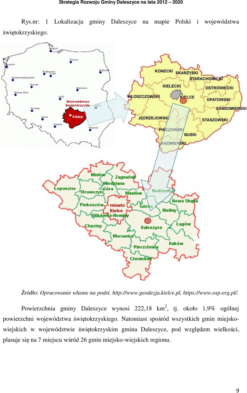 Powierzchnia gminy Daleszyce wynosi 222,18 km 2, tj. około 1,9% ogólnej powierzchni województwa świętokrzyskiego.