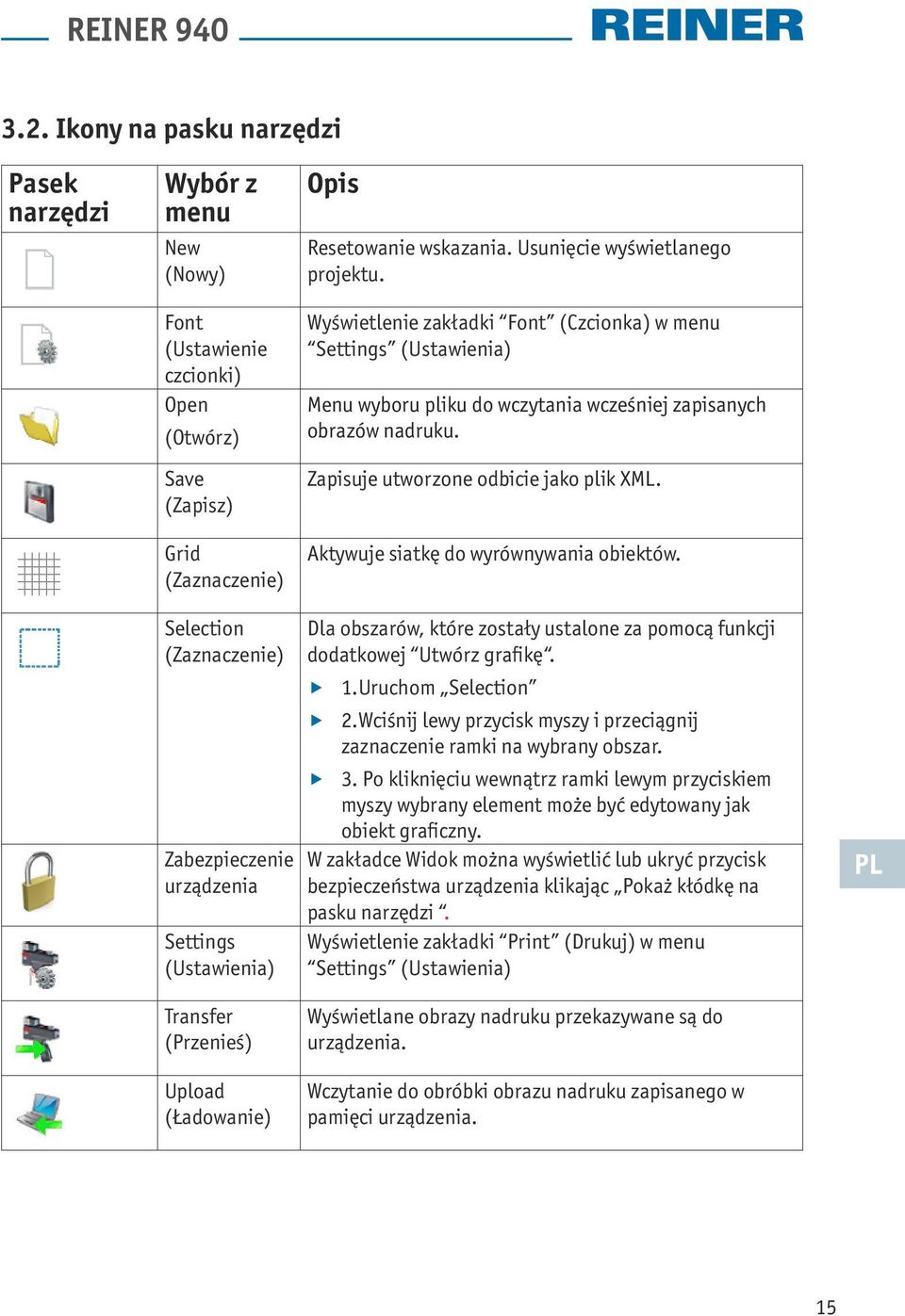 Zapisuje utworzone odbicie jako plik XML. Aktywuje siatkę do wyrównywania obiektów.