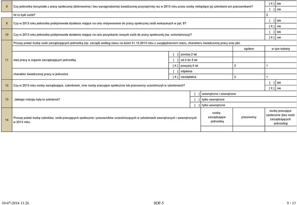 10 Czy w 2013 roku jednostka podejmowała działania mające na celu pozyskanie nowych osób do pracy społecznej (np. wolontariuszy)? 11 Proszę podać liczbę osób zarządzających jednostką (np.